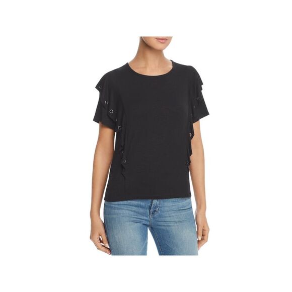 DESIGN HISTORY Tops - DESIGN HISTORY Womens Black Stretch Ruffled Grommet Round Neck Top S